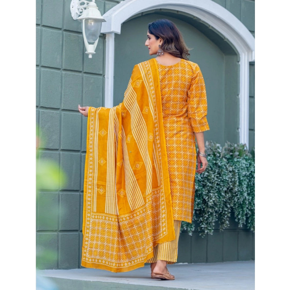 Yellow cotton blend printed kurti with pant dupatta set, v-neck and 3/4th sleeve, below knee length