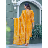 Yellow cotton blend printed kurti with pant dupatta set, v-neck and 3/4th sleeve, below knee length