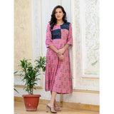 Women's rayon wine-colored A-line kurti with embroidery work, knee length, round neck, and 3/4th sleeves