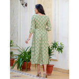 Green rayon A-line kurti with print and embroidery work, knee-length, round neck, 3/4th sleeves