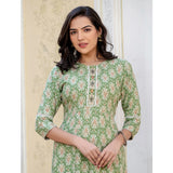 Green rayon A-line kurti with print and embroidery work, knee length, round neck, and 3/4th sleeves