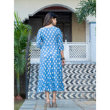 Sky Blue rayon A-line kurti with embroidery work, printed design on knee-length round neck, 3/4th sleeve