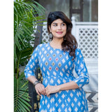 Sky Blue rayon A-line kurti with embroidery work, vibrant print on model