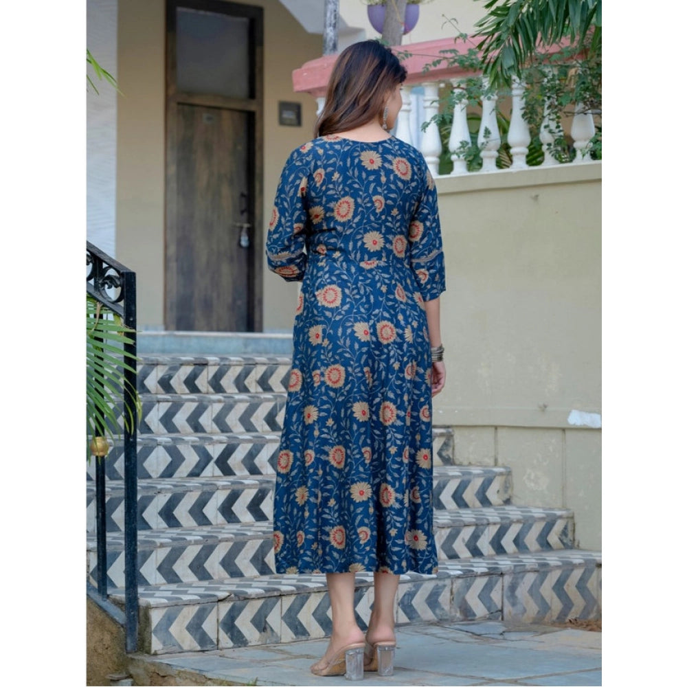 Navy blue rayon A-line kurti with embroidery work and 3/4th sleeves