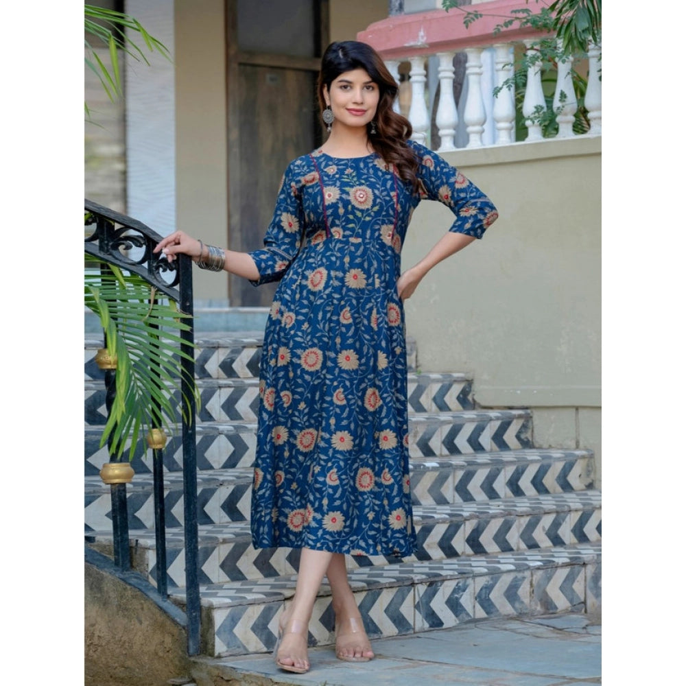 Navy Blue Rayon A-Line Kurti with Embroidery Work, printed pattern on knee-length, 3/4th sleeve