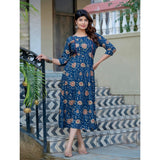 Navy Blue Rayon A-Line Kurti with Embroidery Work, printed pattern on knee-length, 3/4th sleeve