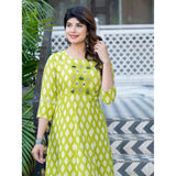 Rayon parrot print A-line kurti with embroidery work, vibrant color and intricate detailing on a knee-length round neck 3/4th sleeve kurti