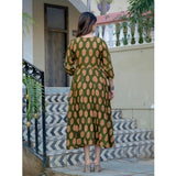 Dark Green Rayon A-Line Kurti with Embroidery Work, printed design on knee-length round neck 3/4th sleeve kurti