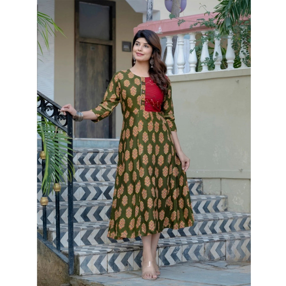 Dark green rayon A-line kurti with embroidery work, vibrant print design for women's fashion