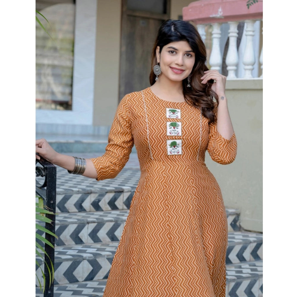 Rayon print with embroidery work rust A-line kurti, vibrant rust pattern and intricate embroidery detail on knee-length A-line style