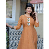 Rayon print with embroidery work rust A-line kurti, vibrant rust pattern and intricate embroidery detail on knee-length A-line style