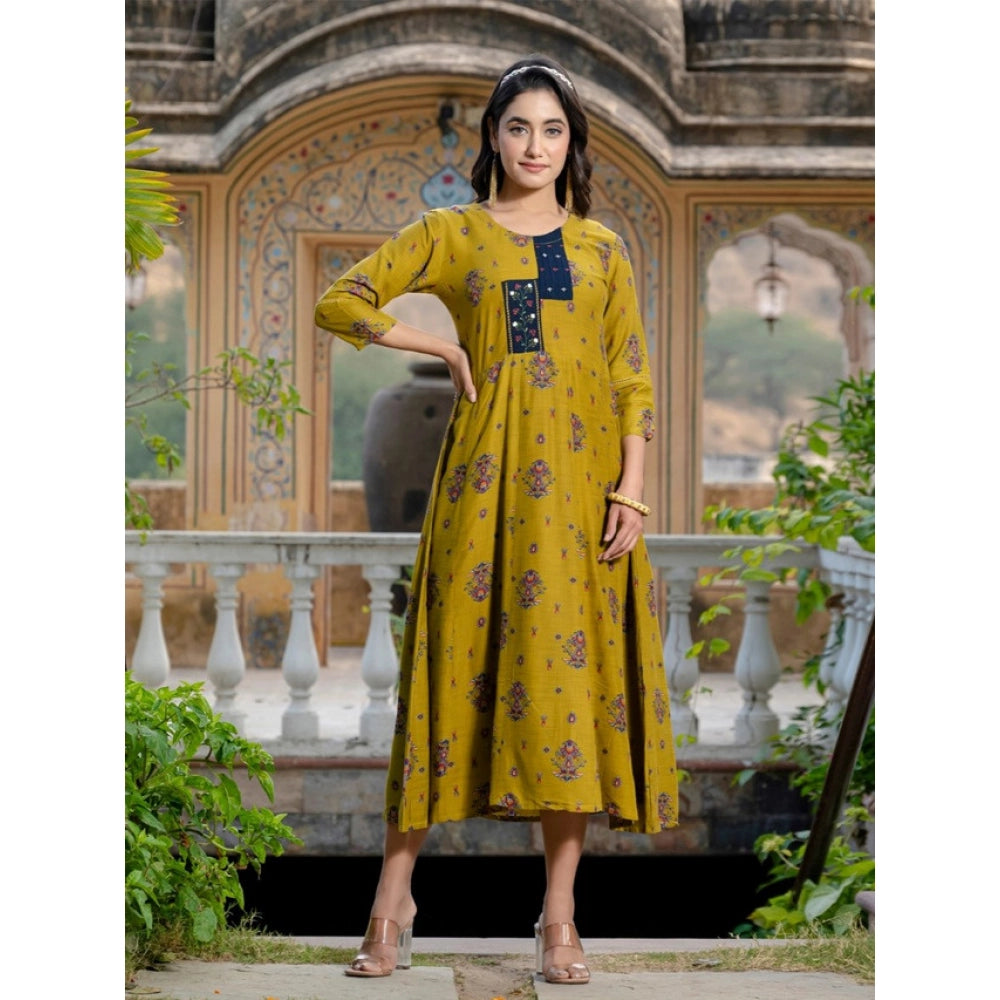 Mehendi rayon A-line kurti with embroidery work and 3/4th sleeves, vibrant print design for women's fashion