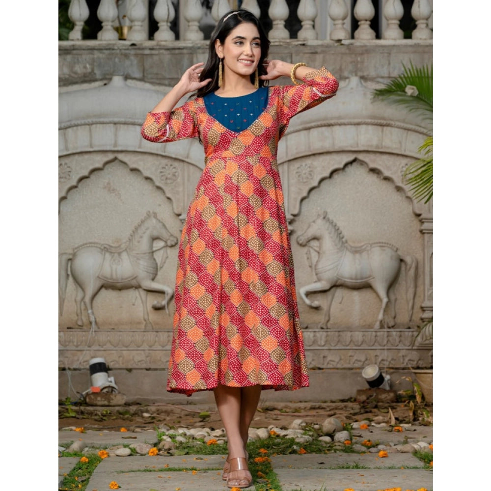 Multicolor rayon A-line kurti with embroidery work, vibrant print on knee-length, round neck, 3/4th sleeve
