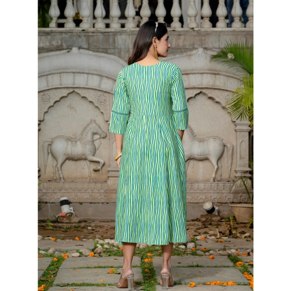 Rayon print A-line kurti with embroidery work, Rama color, 3/4th sleeve and knee length