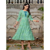 Rayon print with embroidery work A-line kurti (Rama), women's knee-length round neck 3/4th sleeve top with intricate embroidery detail