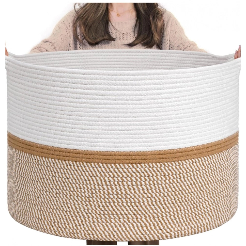 Cotton Dori 16x14 Inch Storage Basket For Clothes (White-Beige White)