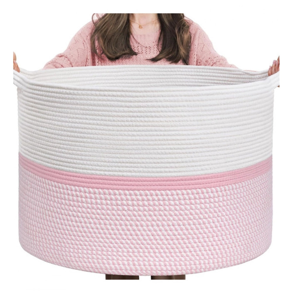 Cotton Dori 16x14 Inch Storage Basket For Clothes (White-Pink White)