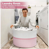 Cotton Dori 16x14 Inch Storage Basket For Clothes (White-Pink White)