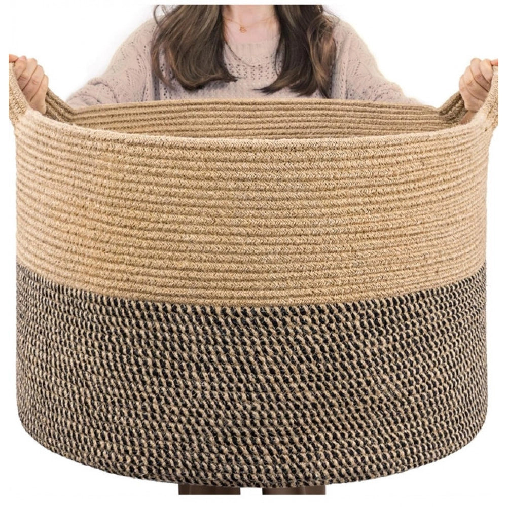 Cotton 16x14 Inch Pack of 1 Storage Basket For Clothes (Beige- Beige Black)