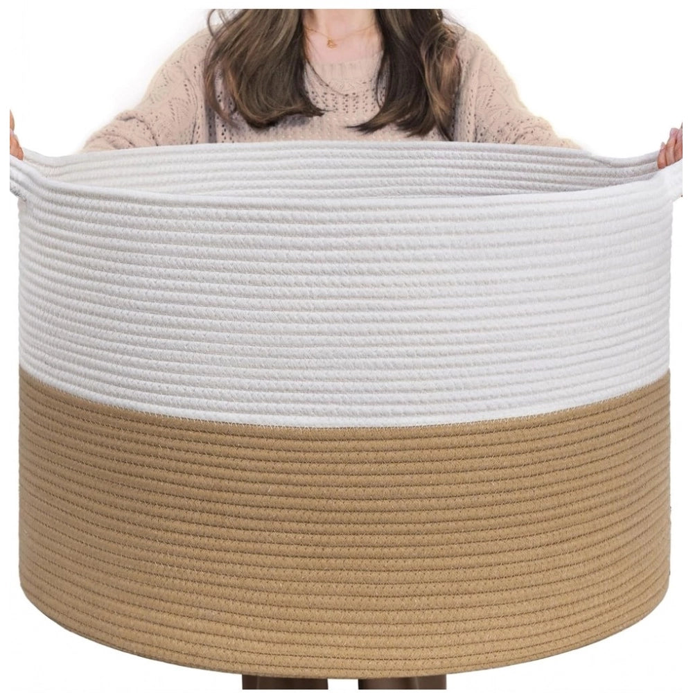 Cotton 16x14 Inch Pack of 1 Storage Basket For Clothes (Beige-White)