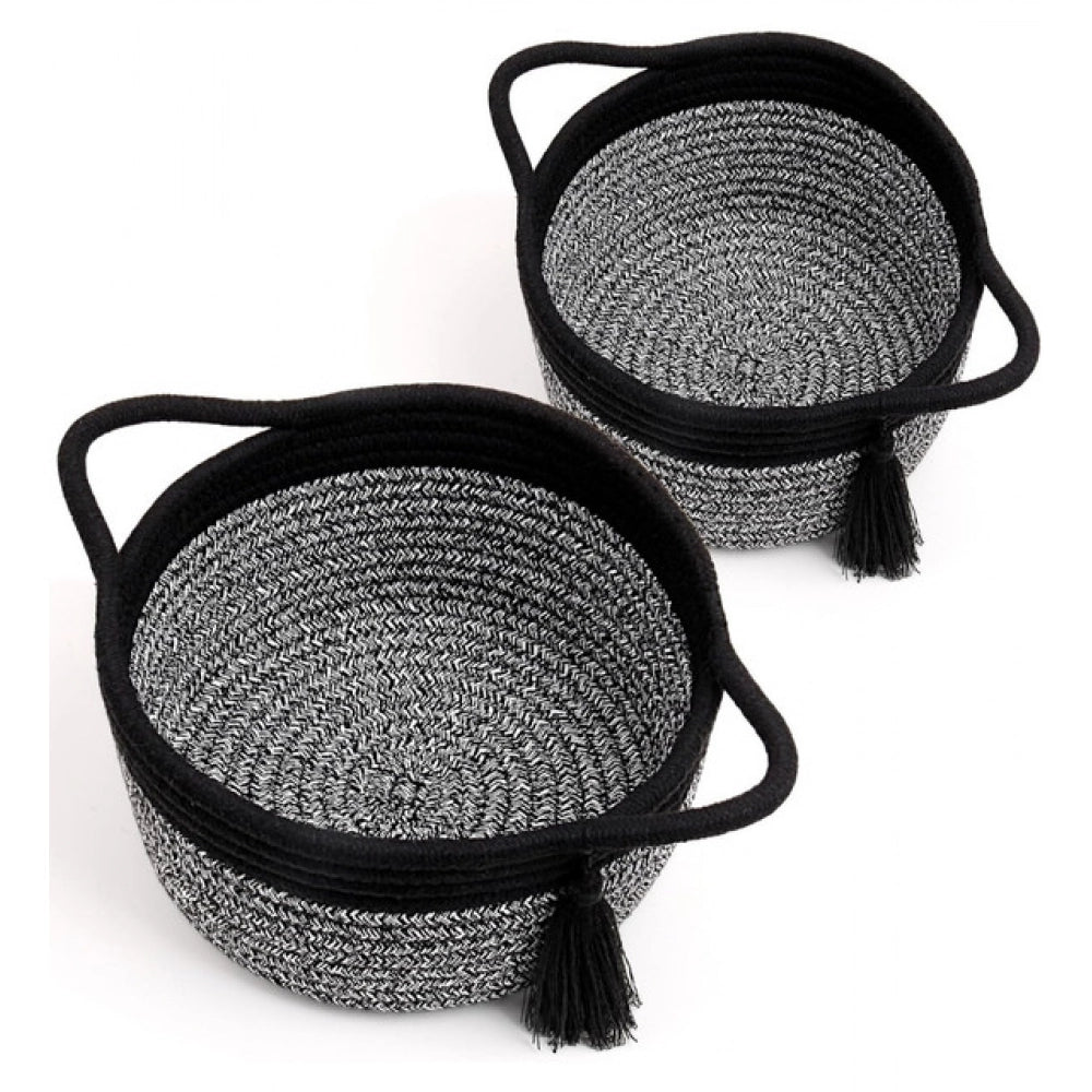 Cotton 8x4 Inch Round 2 Set Kidi With Jhalar Bedside Organizer (Black Kidi)