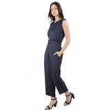Women's Casual Crepe Sleeveless Jump Suit (Navy Blue)