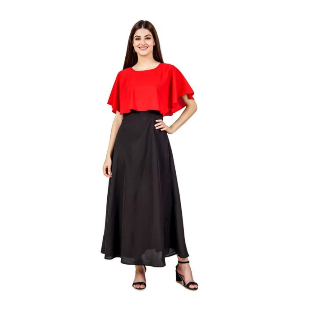 Red crepe casual cape dress, sleeveless with round neckline for women's fashion
