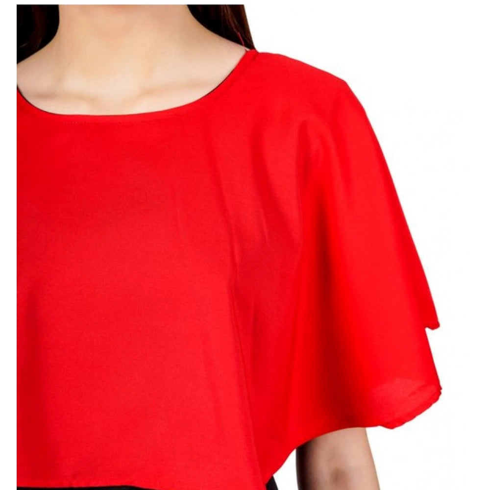 Red crepe casual cape dress for women, solid design with round neckline