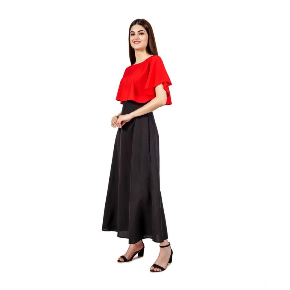 Red crepe women's casual sleeveless cape dress, solid pattern on model
