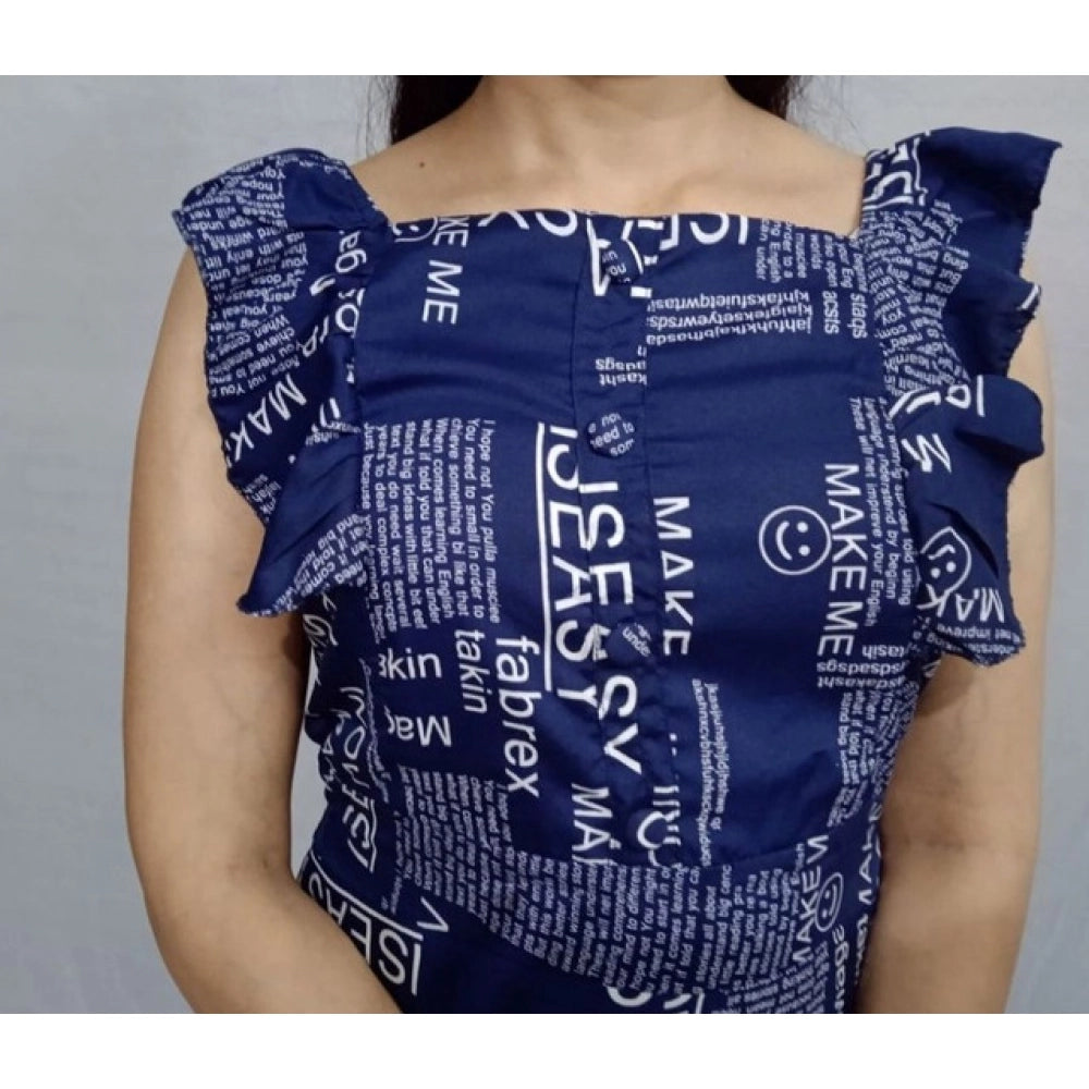 Blue crepe printed casual sleeveless off-shoulder dress for women