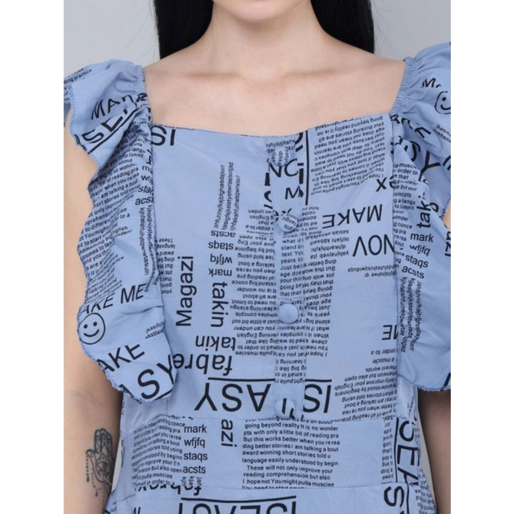 Grey crepe women's casual sleeveless printed dress with off-shoulder neckline, ideal for casual outings