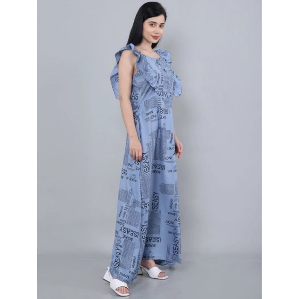 Grey crepe casual sleeveless dress with printed pattern, off-shoulder style for women
