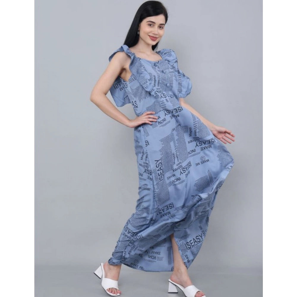Grey crepe casual sleeveless printed dress for women, off-shoulder style on mannequin