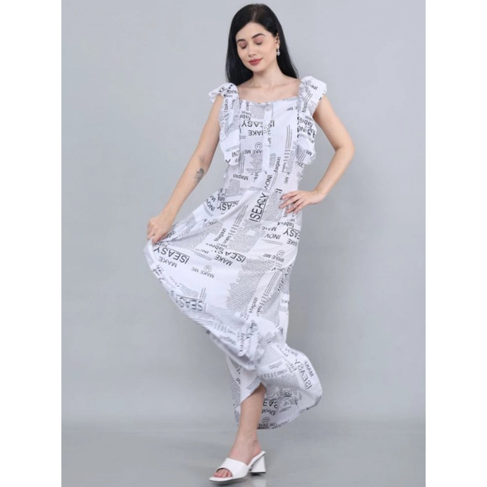 White crepe printed casual sleeveless off-shoulder dress for women