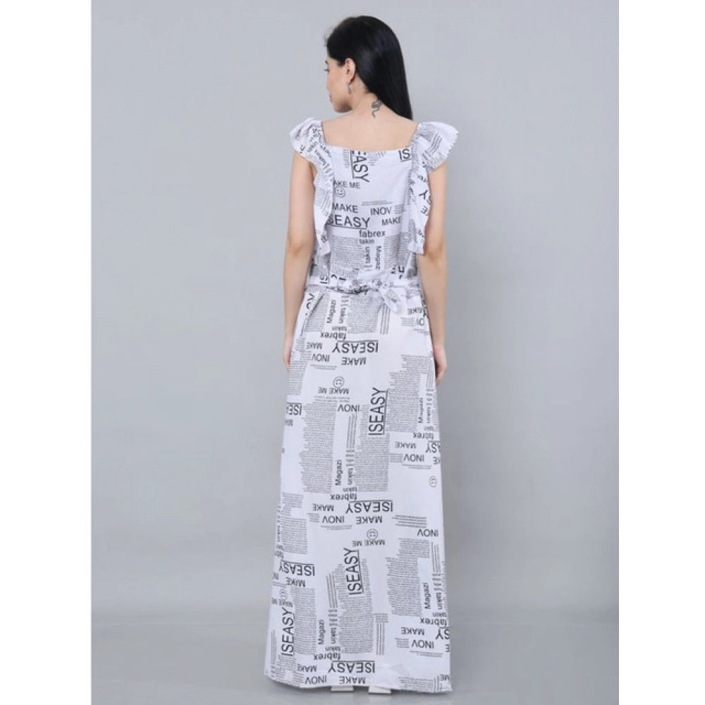 White crepe printed off-shoulder casual dress for women