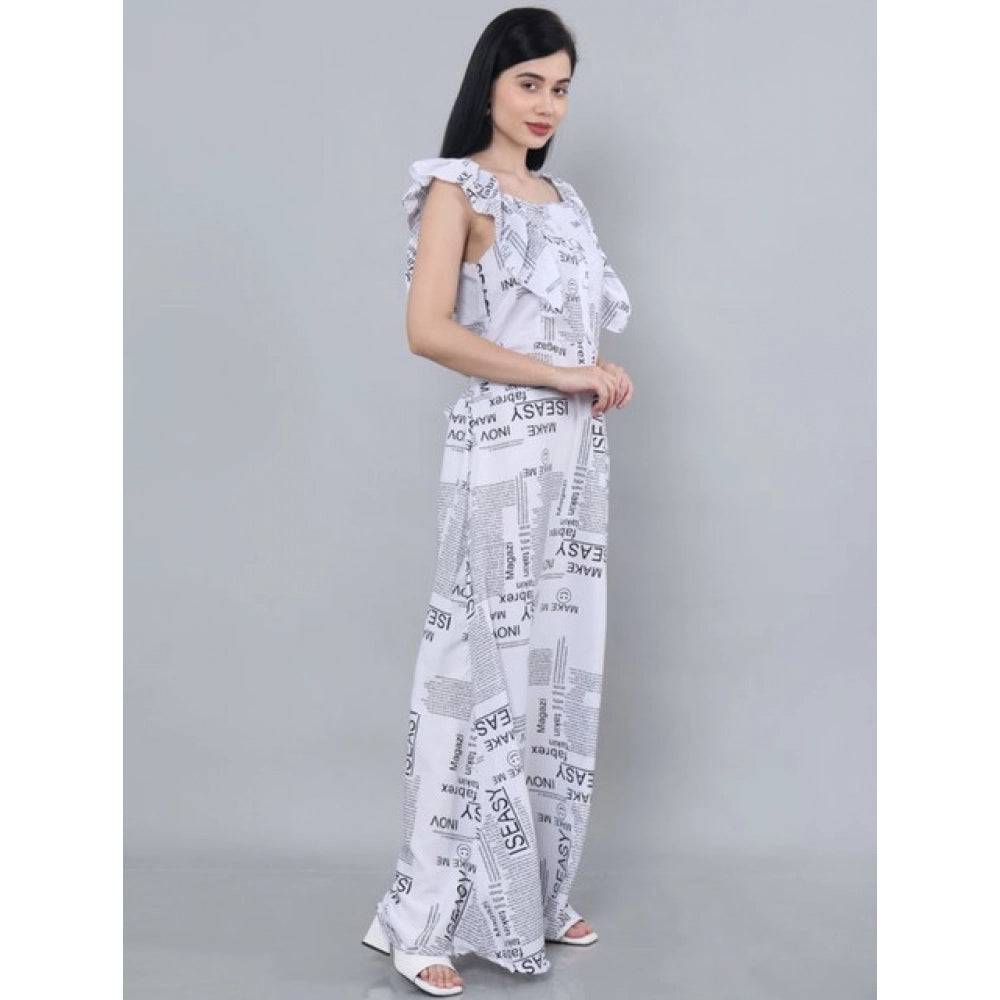 White crepe casual sleeveless dress with printed pattern and off-shoulder neckline for women