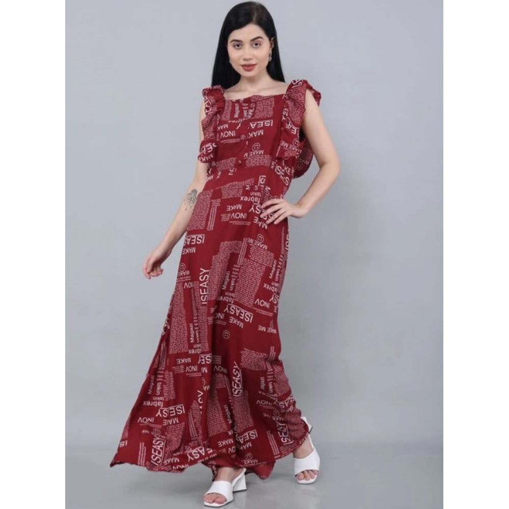 Maroon printed crepe sleeveless dress for women's casual wear