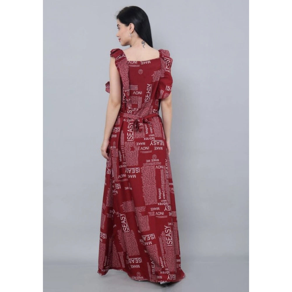Maroon printed crepe casual sleeveless dress for women