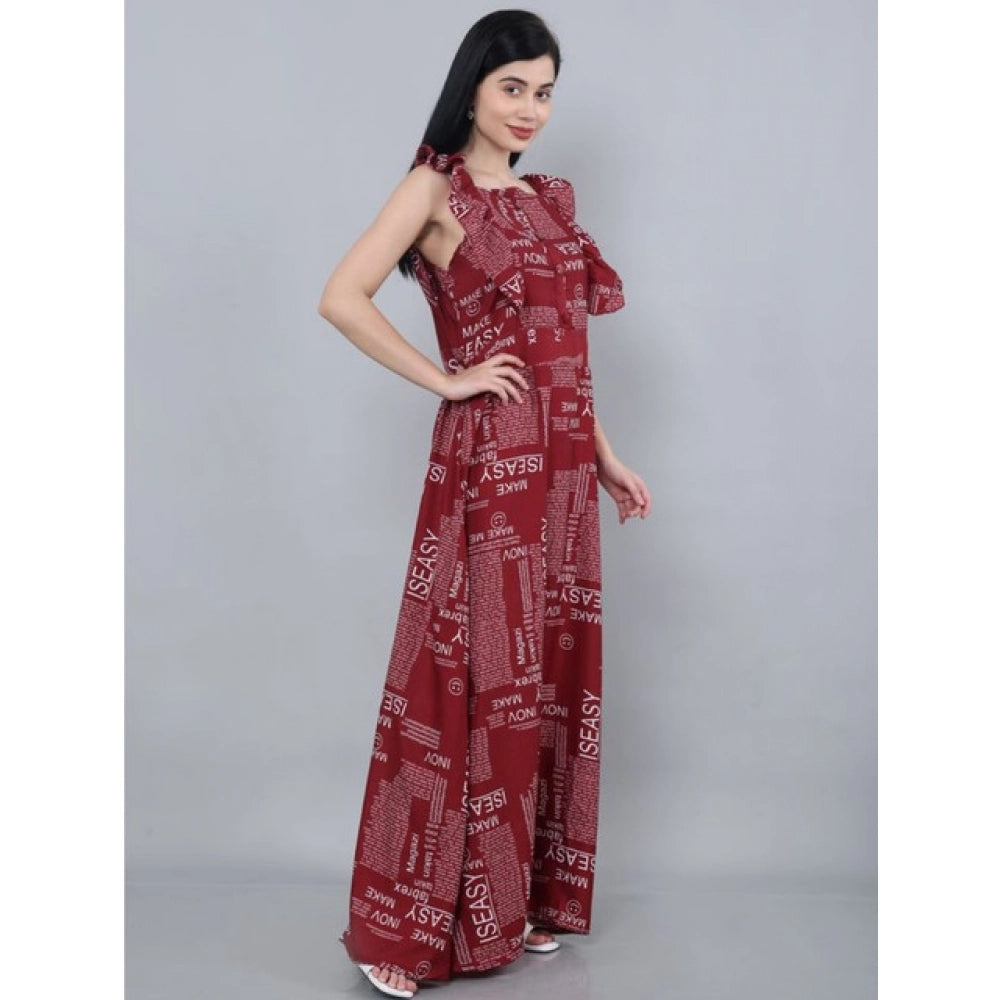 Maroon printed crepe casual sleeveless off-shoulder dress for women
