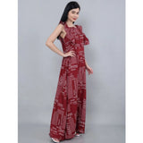 Maroon printed crepe casual sleeveless off-shoulder dress for women