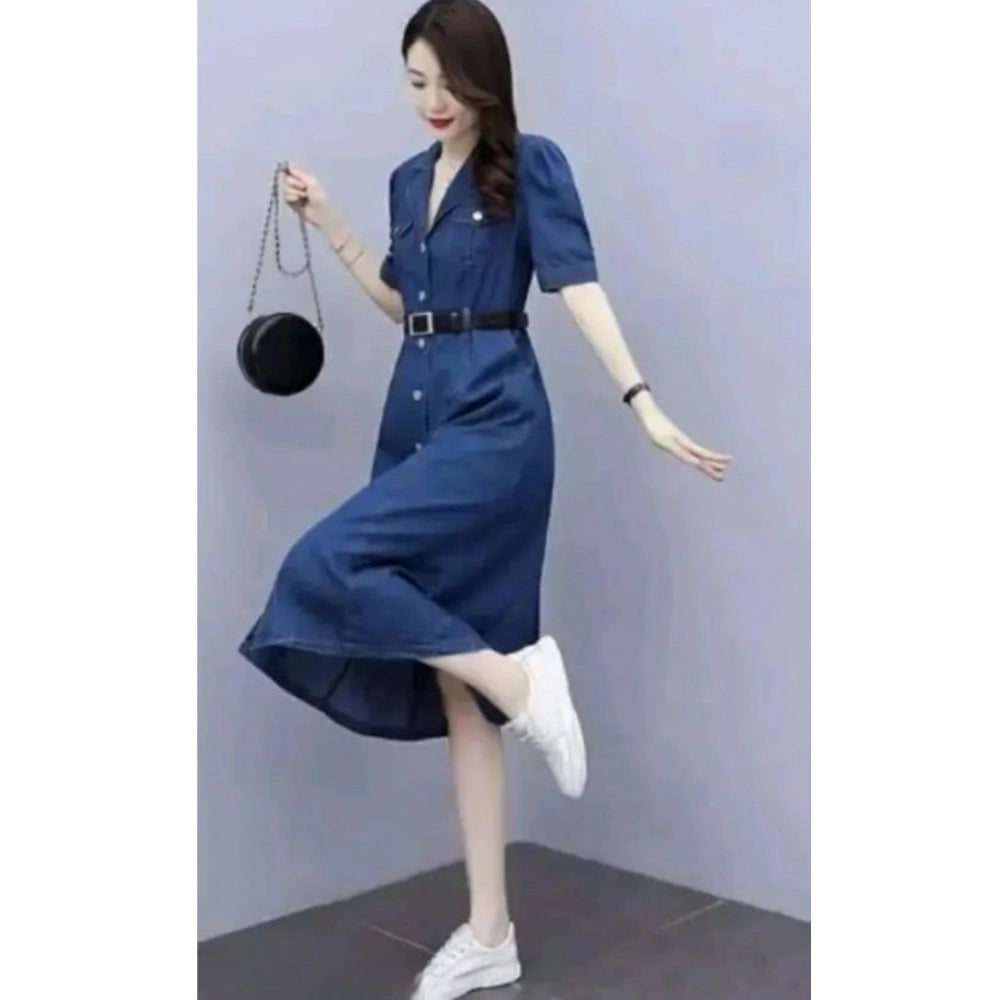 Blue denim casual dress with half sleeves, shirt collar, solid pattern for women's wear