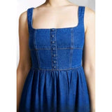 Blue denim casual sleeveless off-shoulder dress for women (solid pattern)