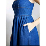 Blue denim casual sleeveless off-shoulder dress, solid pattern for women's fashion