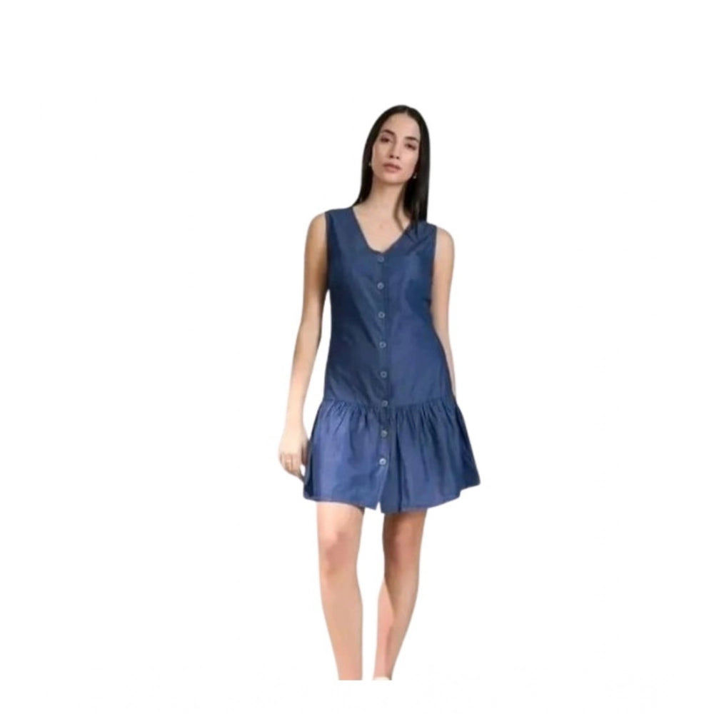 Blue denim casual sleeveless dress with V-neck, ideal for summer outings