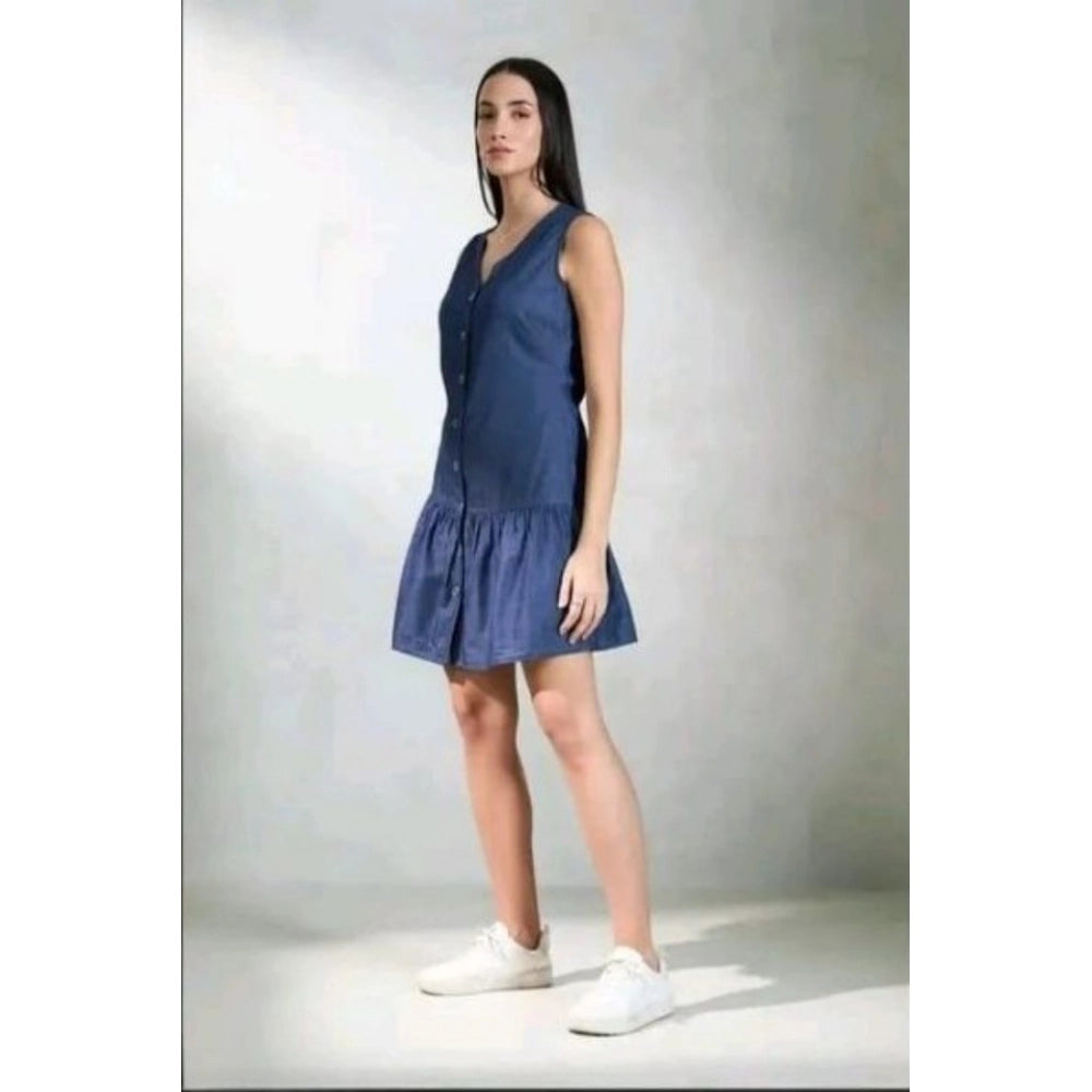Blue denim women's casual sleeveless dress with a v-neck pattern on mannequin