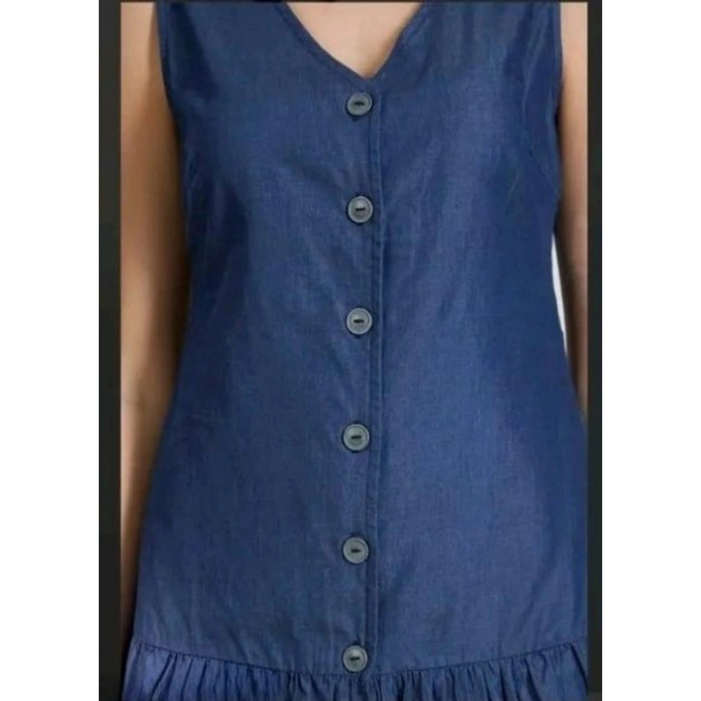Blue denim casual sleeveless dress, solid pattern for women's wardrobe