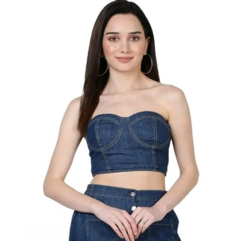 Blue denim bluster top - sleeveless, off-shoulder design in solid pattern for casual wear (actual product color may vary)