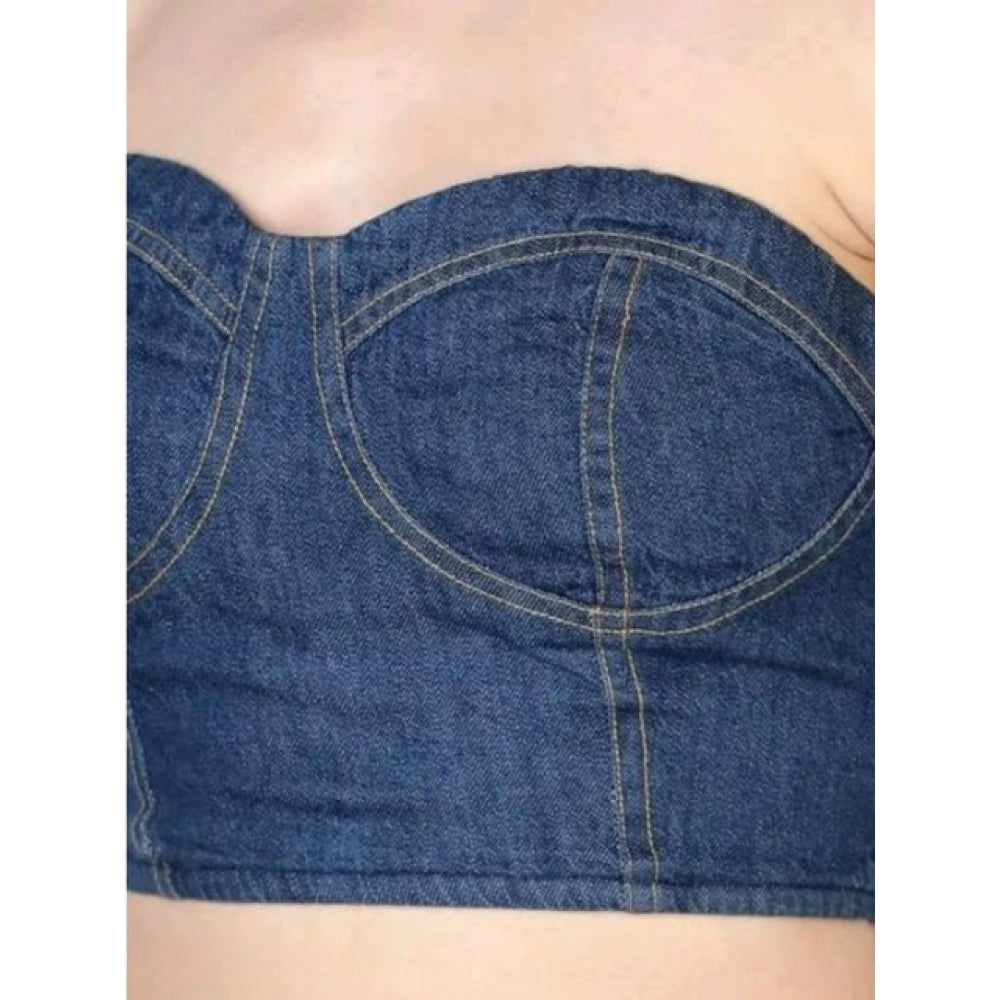 Blue denim women's casual sleeveless bluster top, solid pattern, off-shoulder style