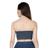 Blue denim bluster top, sleeveless with off-shoulder neck, casual style