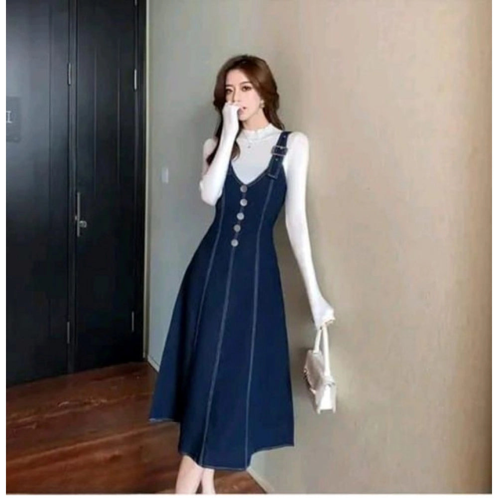 Blue denim casual sleeveless off-shoulder dress for women